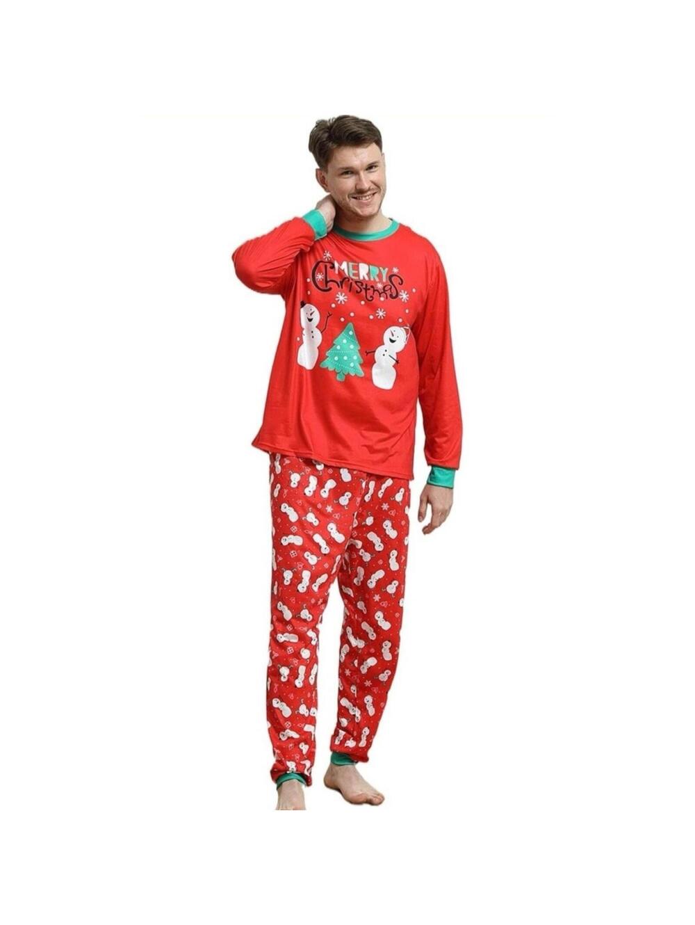 Men’s Large Christmas Pajama Set 2pc Long Sleeve Pj Snowman Tree Sleepwear NEW